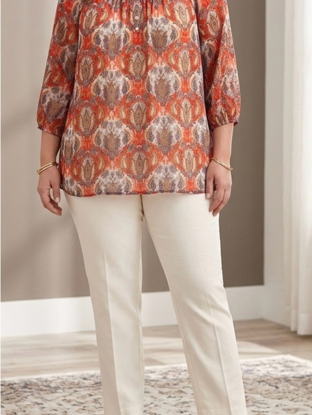 Liz Claiborne Orange Multi-Pattern Peasant Blouse